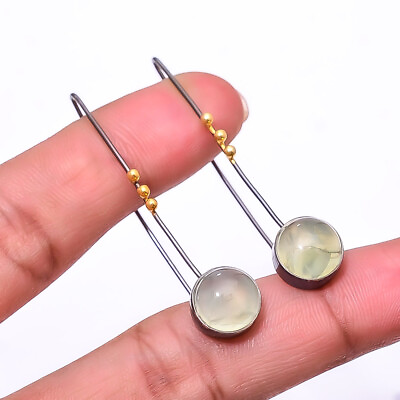 #ad Prehnite 925 Sterling Silver Black And Gold Rhodium Plated Earring 1.95quot; E63