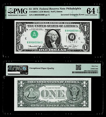 #ad INVERTED OVERPRINT ERROR 1974 $1 FEDERAL RESERVE NOTE PMG UNCIRCULATED 64 EPQ