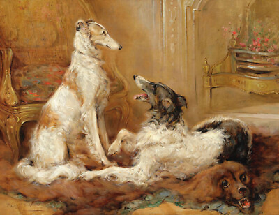 #ad Two wolf hounds indoors Oil painting Giclee Printed on Canvas L3556
