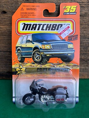 #ad Matchbox #35 Vintage Police Motorcycle 1998 Law And Order Series Black On Card