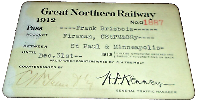 #ad 1912 GREAT NORTHERN RAILWAY EMPLOYEE PASS #1887