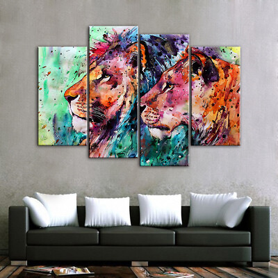 #ad Abstract Lions Animal Painting 4 Panel Canvas Print Wall Art Home Decor