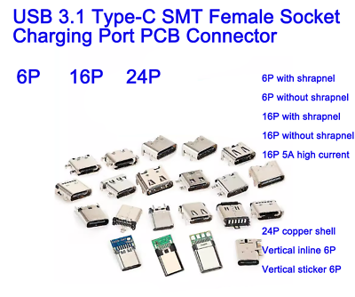 #ad USB 3.1 Type C SMT Female Socket Charging Port PCB Connector 6Pin 16Pin 24Pin