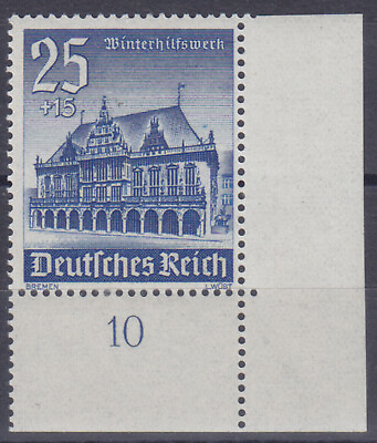 #ad German Reich 758 Be Ul 25 Pf Winter Relief 1940 Bow Corner Mint