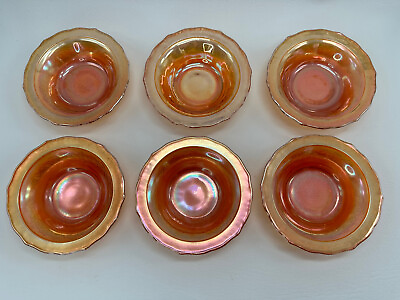 #ad 6 Federal Normandie Lattice amp; Bouquet Marigold Iridescent Glass 5quot; Berry Bowls