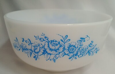#ad #ad Vintage Federal Glass Co. 2.5QT Heat Proof Milk Glass Bowl w Blue Rose Pattern