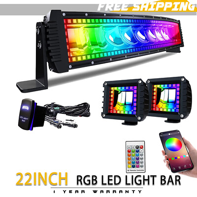 #ad RGB Curved LED Light Bar 22Inch 120W Flood Spot Combo Beam w RGB LED Pods