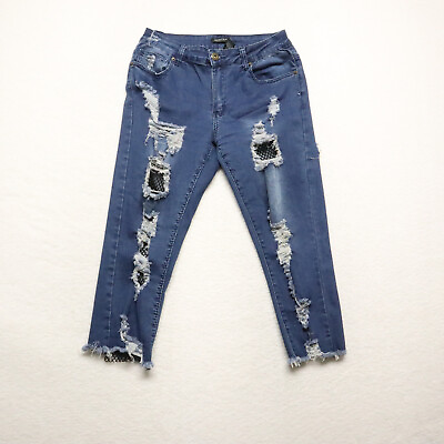 #ad Redfox Women#x27;s Size XL Blue Capri Distressed Dark Wash Cotton Blend Stretch Jean
