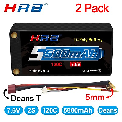 #ad 2PCS HRB 2S 7.6V 5500mAh 120C Smart Race HV Shorty LiPo Battery 5mm T Connectors