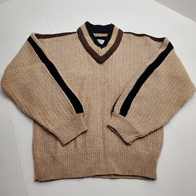 #ad Brian Union Mens Sweater Tan Large V Neck Warm Preppy Lambs Wool Orlon Acrylic