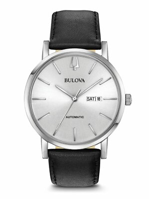 #ad Bulova Automatic Men#x27;s Calendar Black Leather Silver Dial Watch 42MM 96C130