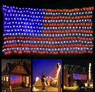 #ad LED American Flag Lights USA Net 420 LED String Light Waterproof Garden Decor