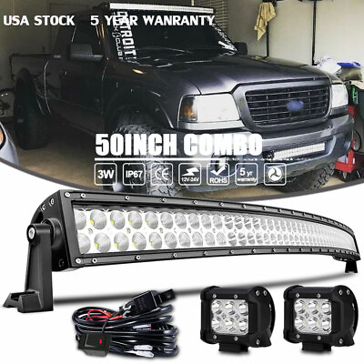 #ad For Ford Ranger Top Roof 50quot; Curved LED Light Bar 4quot; Pods Lamp Combo Wiring Kit