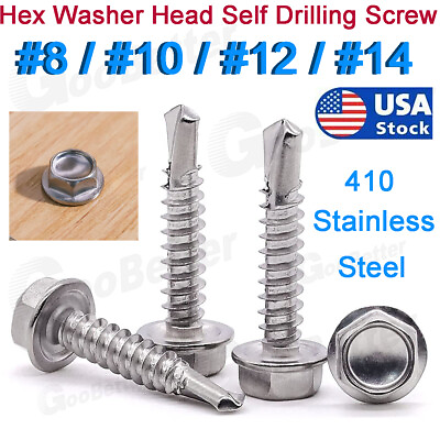#ad #8 #14 Hex Washer Head Self Drilling Sheet Metal Tek Screws 410 Stainless Steel