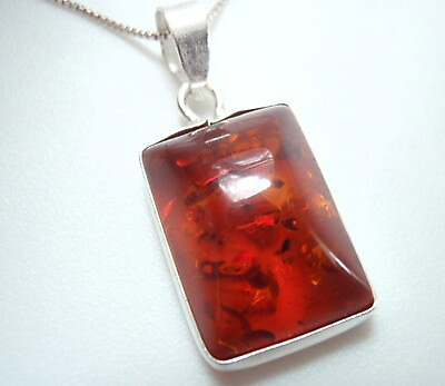#ad Genuine Amber Rectangle 925 Sterling Silver Necklace 2.1 Grams
