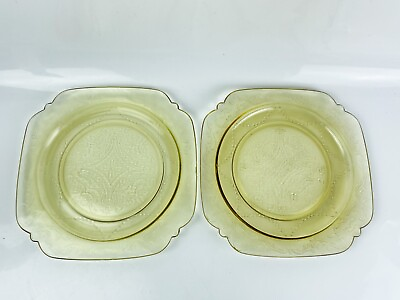 #ad Two Federal Amber Yellow Glass Madrid 9quot; Square Luncheon Dinner Plates