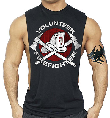 #ad Men#x27;s Volunteer Firefighter Black Workout Tank Top Muscle Gym Fire Rescue Tee