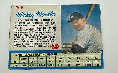 #ad #ad 1962 MICKEY MANTLE POST CEREAL #5 BASEBALL CARD Hand Cut Low Grade