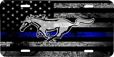#ad THIN BLUE LINE AMERICAN FLAG MUSTANG LOGO VEHICLE LICENSE PLATE POLICE FRONT TAG