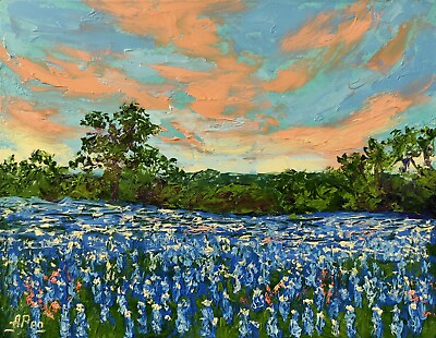#ad Bluebonnets Field Painting Original Art Landscape Impasto Oil Painting 11x14 in