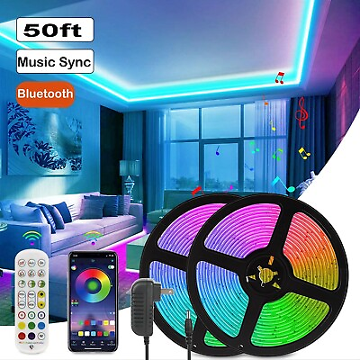 #ad LED Strip Lights 50ft Music Sync Bluetooth 5050White RGB Room Light with Remote