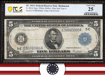 #ad #ad 1914 $5 RICHMOND FRN FEDERAL RESERVE NOTE PCGS 25 Fr 863a 40966