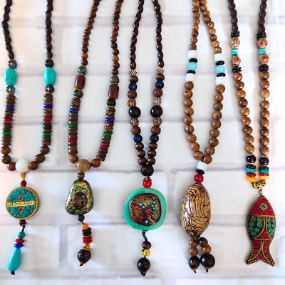 #ad 5 PCs Ethnic Beads Long Necklace Hippie Boho Jewelry Wood Stone Pendant Women