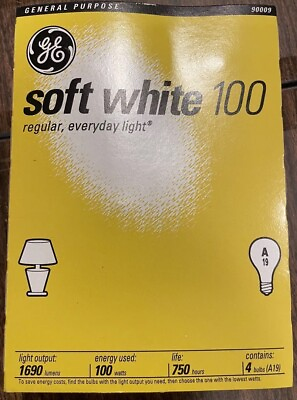 #ad GE 100 Watt Soft White Light Bulbs Incandescent 4 Bulbs A19 new old stock