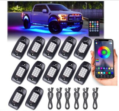 #ad 12x RGB LED Pods Rock Light Kit Underbody Glow Neon Lamp Bluetooth Music Control