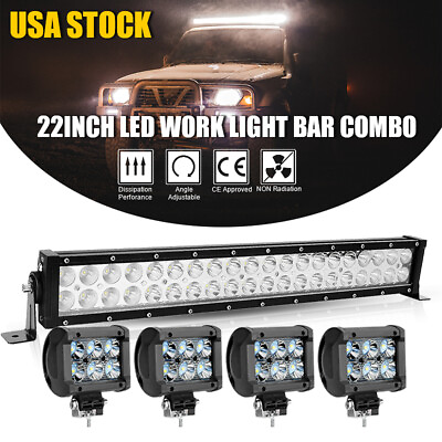 #ad 22 inch 1200W Led Light Bar Spot Flood Combo 4x 4quot; Pods For Jeep 4WD Truck SUV