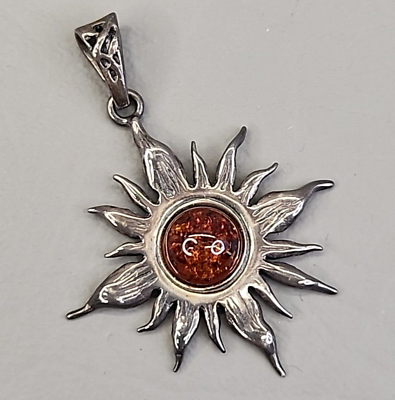 #ad Amber Sun Pendant Vtg Cabochon Sterling Silver Wavy Etched 1 7 16quot;
