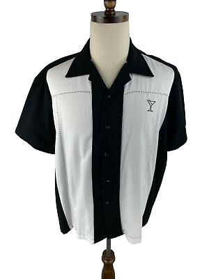 #ad Steady Classic Mens L Y2K Bowling Button Shirt Martini Glass Logo Colorblock