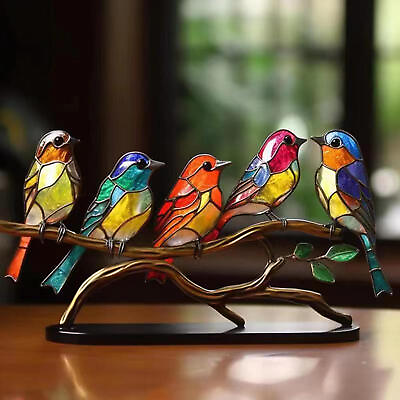 #ad Stained Glass Birds on Branch Desktop Ornaments Metal Vivid Craft Desktop Decor