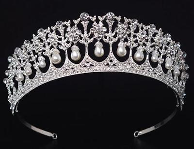 #ad Vintage Silver Plated Queen Princess Diana Crown Crystal Pearl Bride Tiara