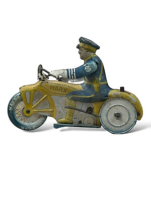 #ad Vintage Marx Tin Litho Wind Up Police Motorcycle 8.5” Works