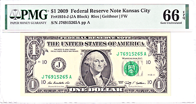 #ad 2009 $1 Federal Reserve Note Kansas City PMG Gem Unc 66EPQ #J76915265A