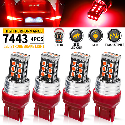 #ad 4PCS 7443 7440 LED Red Strobe Flash Blinking Brake Stop Tail Parking Light Bulbs