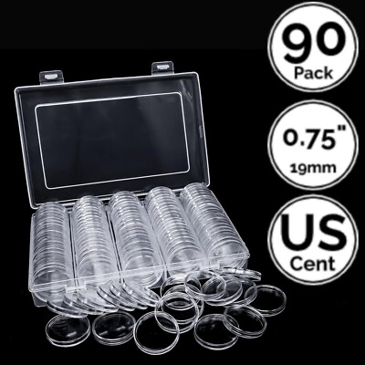 #ad #ad 90 Pack 0.75 IN 19.0 mm Coin Capsule Holders w Storage Case Direct For US Cent