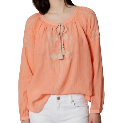 #ad Loft XS Women#x27;s Orange Coral Embroidered Keyhole Tie Neck Boho Top Blouse