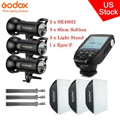 #ad US 3*Godox SK400II Studio Flash LightXpro F For Fuji60*60cm Softbox Stand Kit