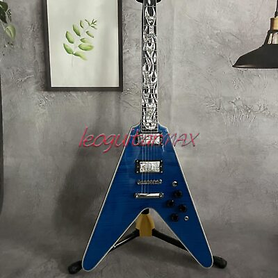 #ad Custom Blue Burst Flying V Electric Guitar Flame Inlay HH Pickup Mahogany Body