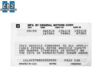 #ad 1984 GM VIN Door Decal Sticker Date amp; VIN Printed Z28 SS 442 Corvette Regal