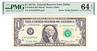#ad 1977 A $1 Federal Reserve Note PMG 64EPQ Fancy RADAR Serial #K47233274F