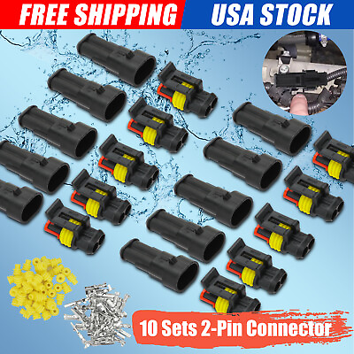 #ad 20X 2Pin Way Car Waterproof Male Female Electrical Wire Cable Connector Plug Kit