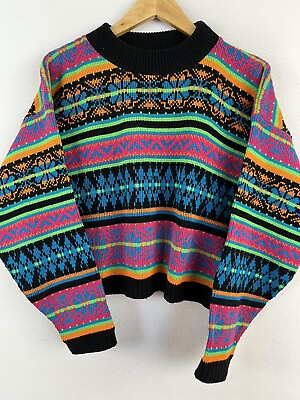 #ad Vintage Liberty Knits Multicolor Geometric Knit Sweater Womens S M Pullover