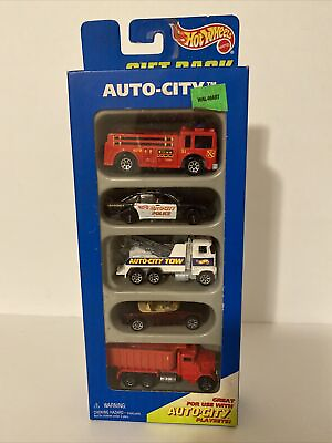#ad Vintage Auto City 1995 Hot Wheels 5 car Gift Pack #15069 Fire Police Dump Tow