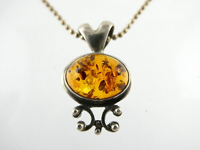 #ad Sterling Silver Amber Cabochon Pendant Necklace 925 24 Inch Chain 11.6 Grams