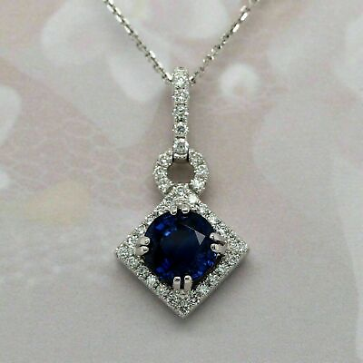 #ad 3 CT Round Cut Blue Sapphire And Diamond Pendant Necklace 14K White Gold Finish