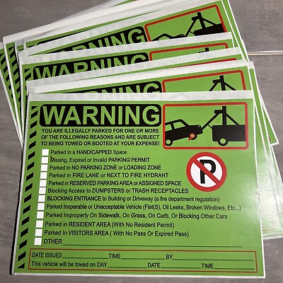 #ad 5 10 25 Pack GREEN Parking Violation Tickets No Parking Towing Sign Stickers