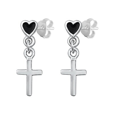 #ad 925 Sterling Silver Black Heart Cross Dangle Ear Stud Earrings